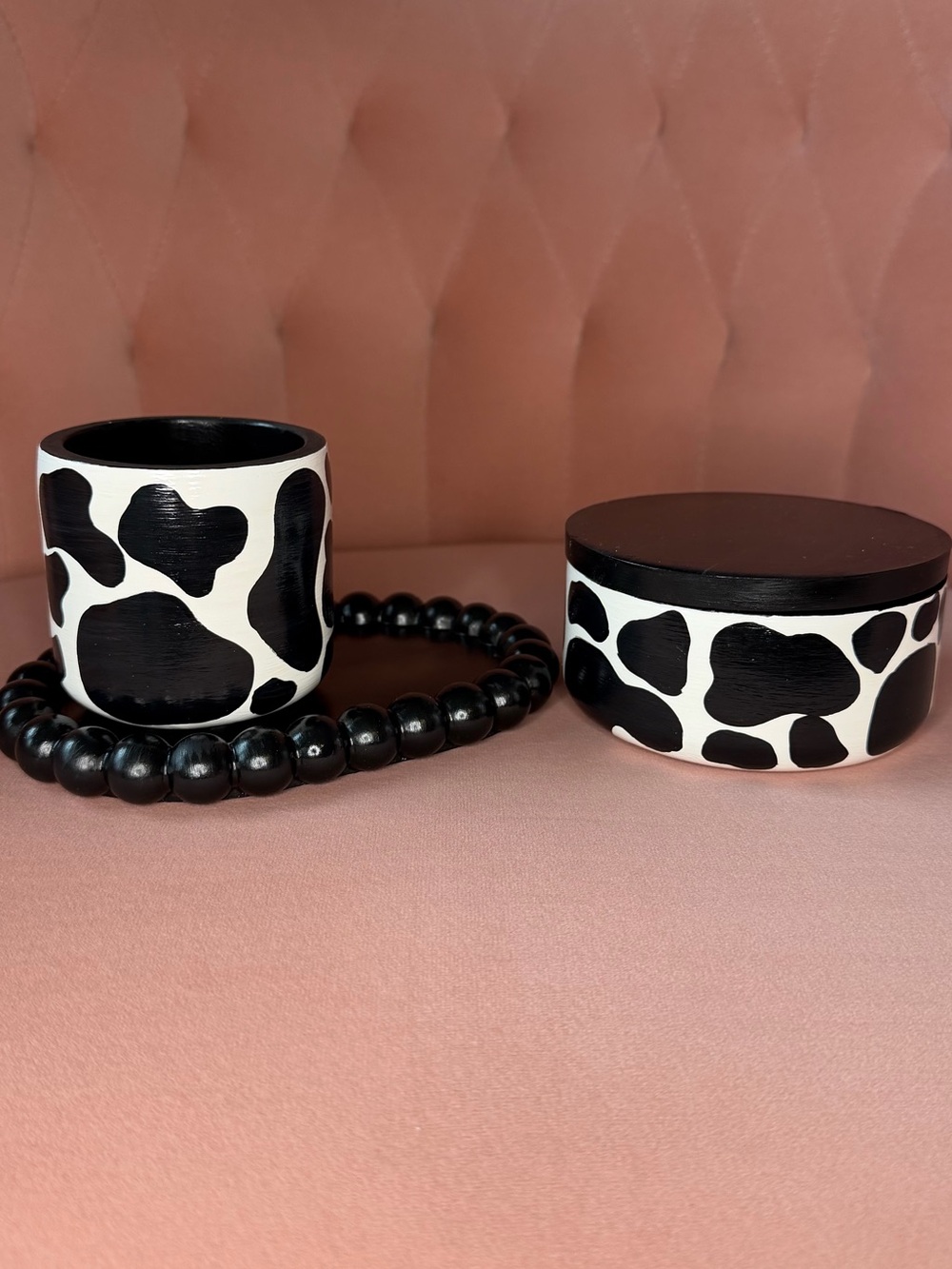 Handmade Black and White Cow Print Makeup Brush Pen Jewelry Holder Tray Set